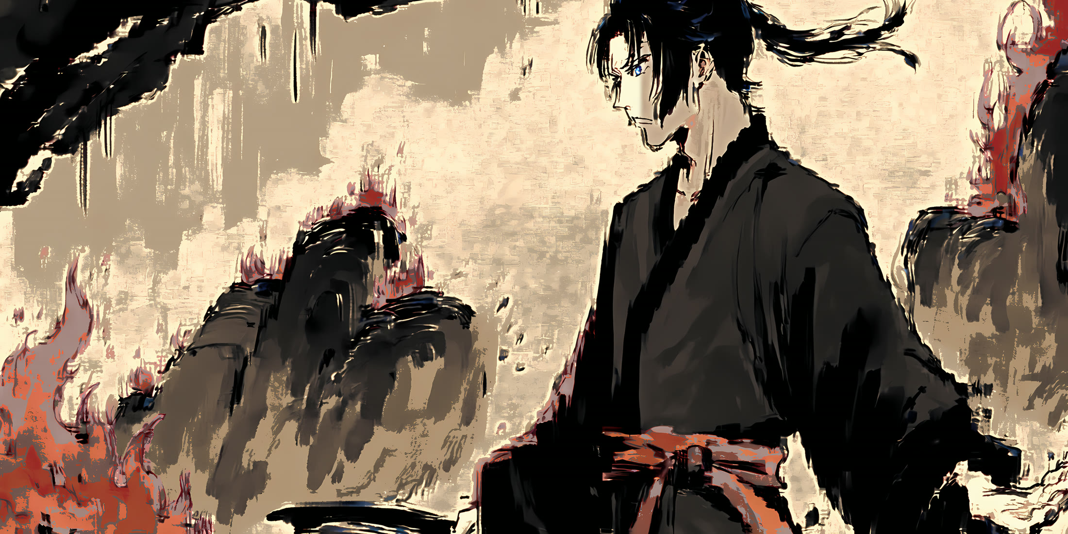 Ink-wash illustration of a warrior surrounded by a burst of flame