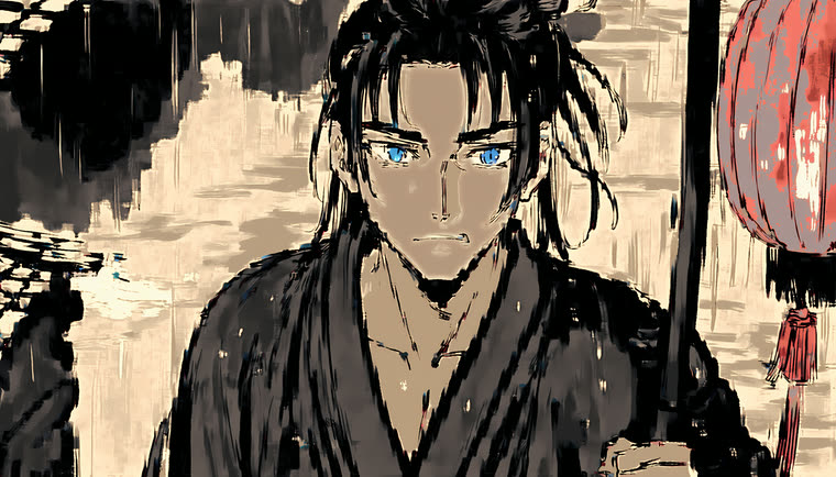 Close-up of a young man with blue eyes in the rain