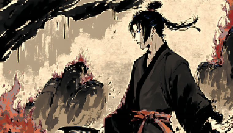Full-body illustration with a burst of scarlet flame