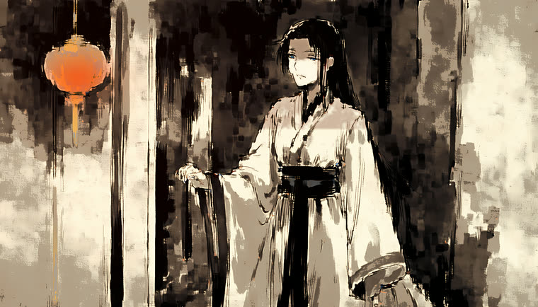 Lantern-lit street scene in ink and colour