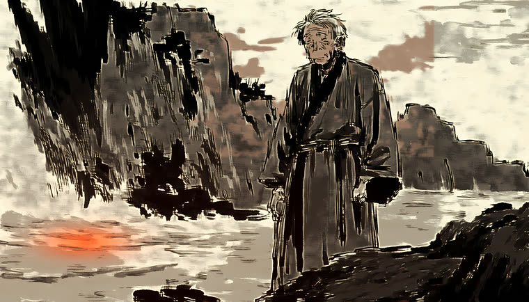 Old man standing at the water's edge