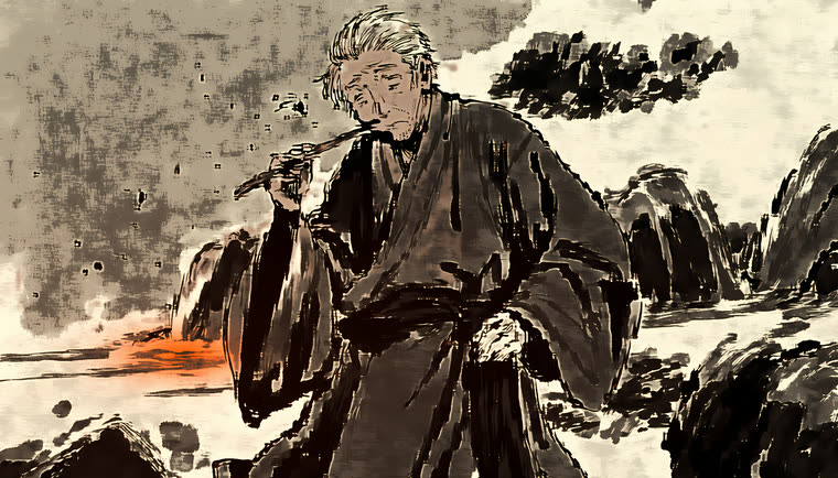 Old man holding a long smoking pipe