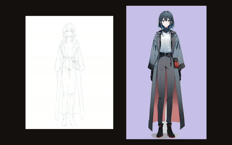 Character sheet: line art and full-colour illustration of a woman in a long grey coat