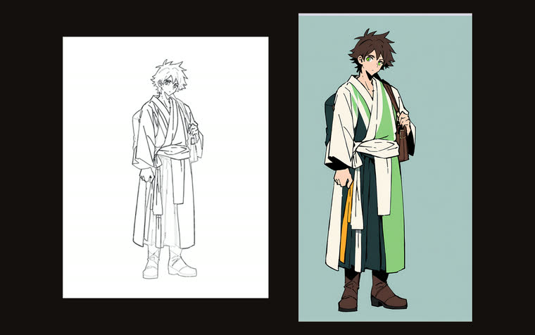 Character sheet: line art and full-colour illustration of a young man in a green and cream robe
