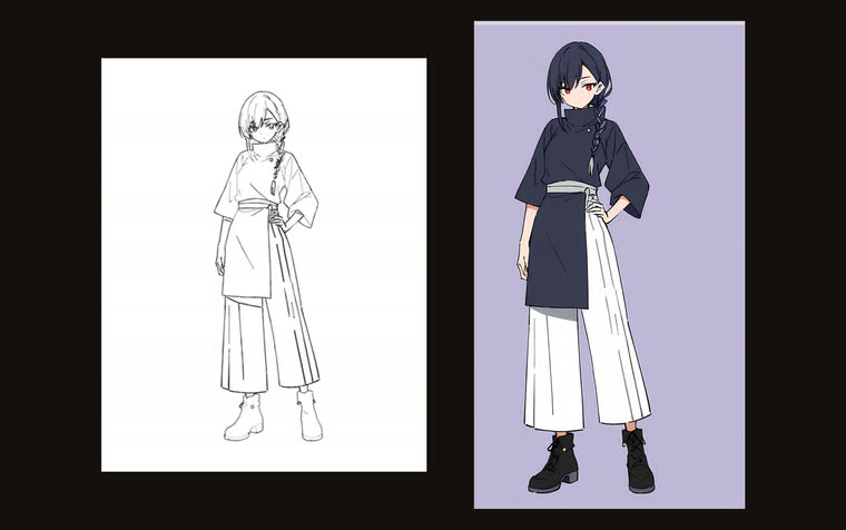 Character sheet: line art and full-colour illustration of a woman with a dark braid and white trousers