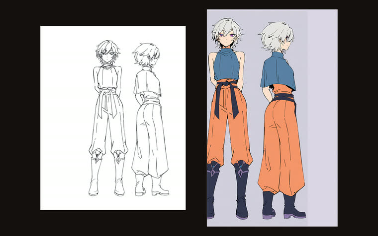 Character sheet: line art and two coloured views of a white-haired character in orange trousers